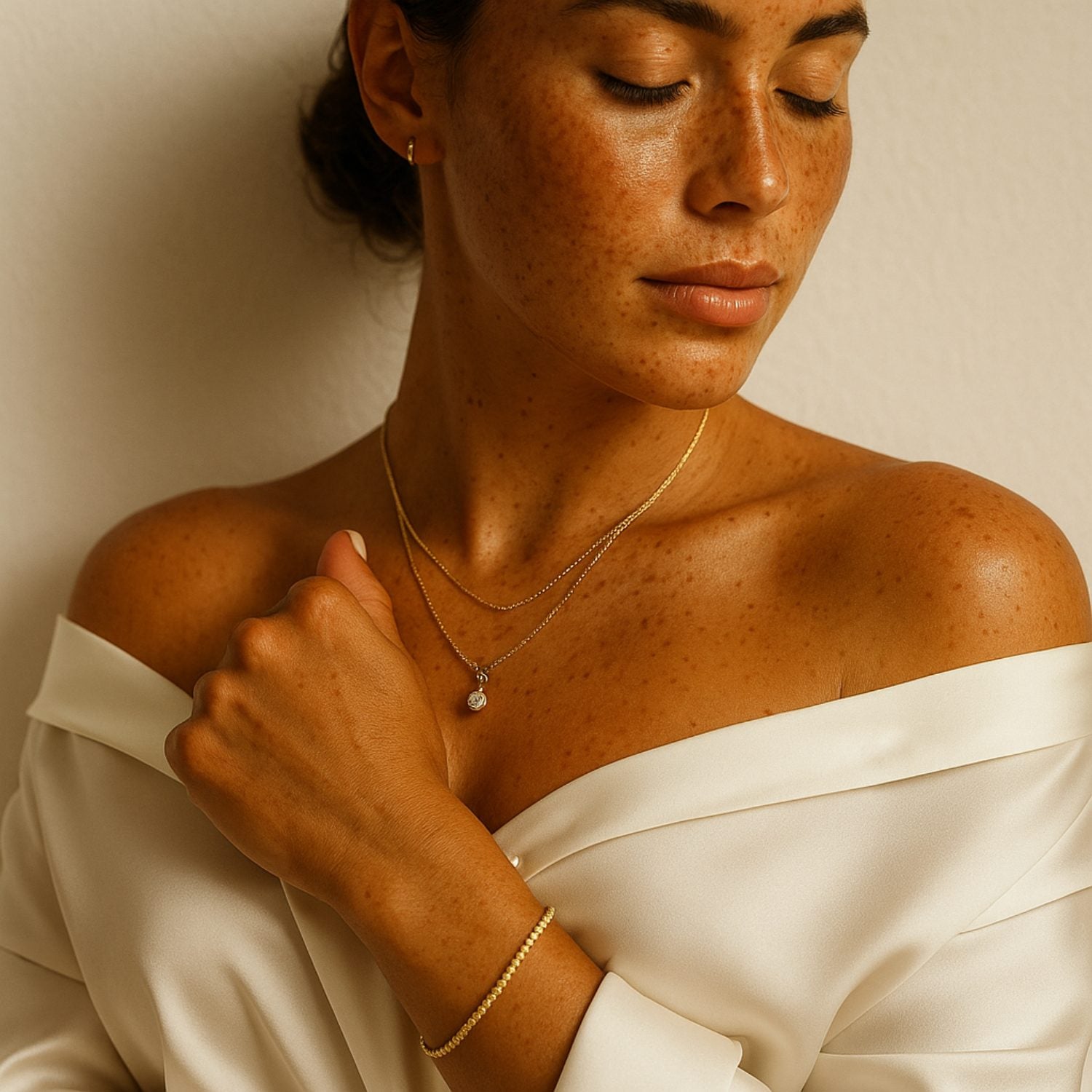 Eine Frau mit Sommersprossen trägt eine goldene Halskette, ein Armband und einen Ring zu einer weißen Satin-Bluse. Dieses Schmuckstyling zeigt, wie sich minimalistische Goldstücke für Alltag und Business-Look kombinieren lassen.