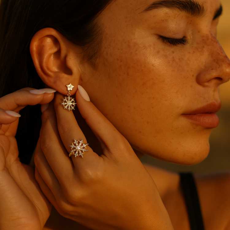 Seitliche Nahaufnahme einer Frau mit Sommersprossen, die goldene Stern-Ohrringe mit Zirkonia trägt, kombiniert mit einem passenden Ring.