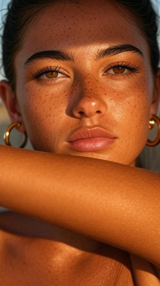 Dieses Editorial-Bild zeigt den perfekten Mix aus Sommermode und Luxus-Schmuck. Die Frau mit gebräunter, sommersprossiger Haut und goldenen Creolen steht für Stärke, Sinnlichkeit und Stilbewusstsein. Ideal geeignet für Themen rund um Goldschmuck, Creolen-Trends, Geschenkideen für Frauen, Sommer-Looks, und hochwertige Accessoires. Das Foto transportiert Wärme, Charakter und Qualität – perfekt für Marken, die Emotion und Exklusivität verkaufen.