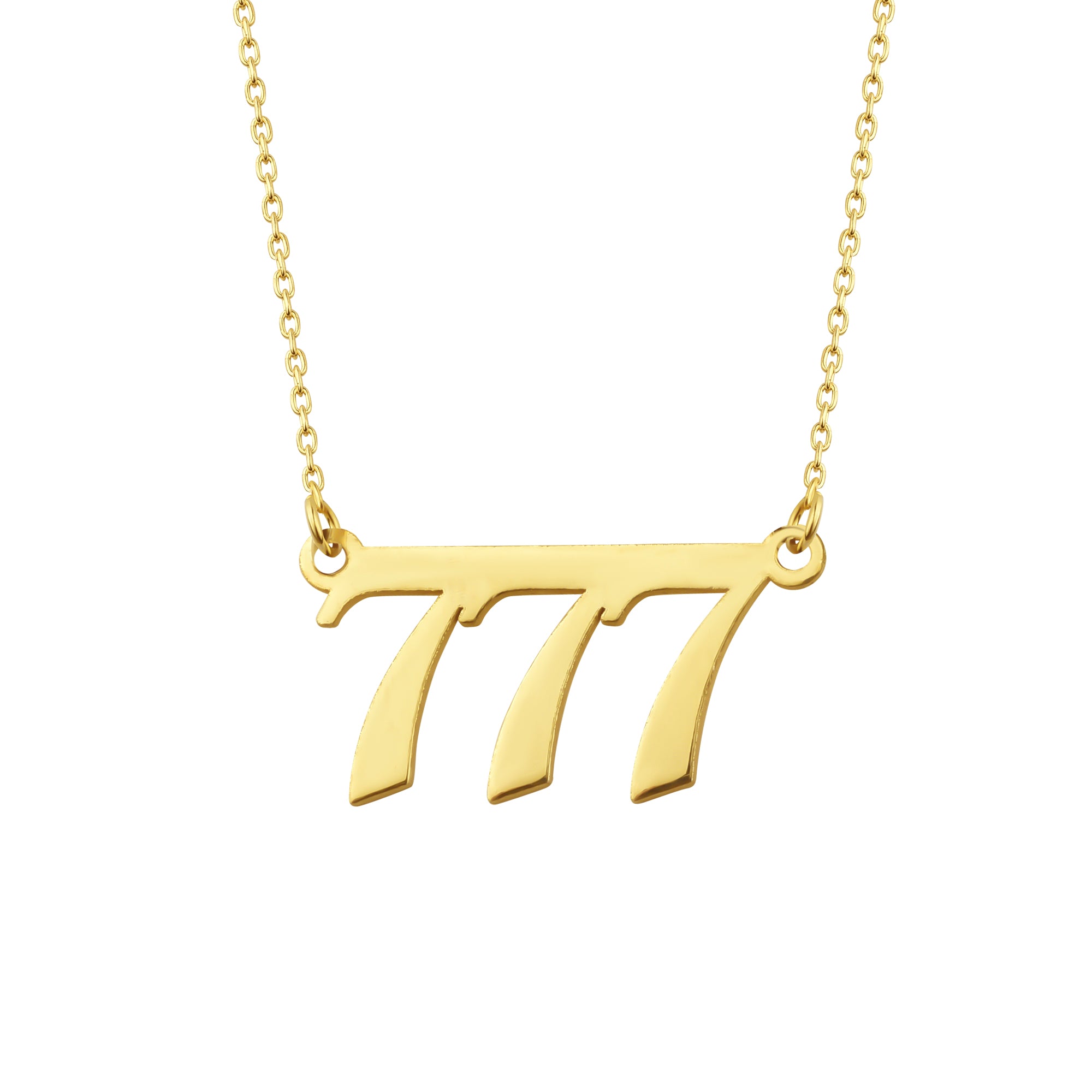 Goldene Angel Number Halskette 777 aus 925 Silber vergoldet auf weißem Hintergrund.