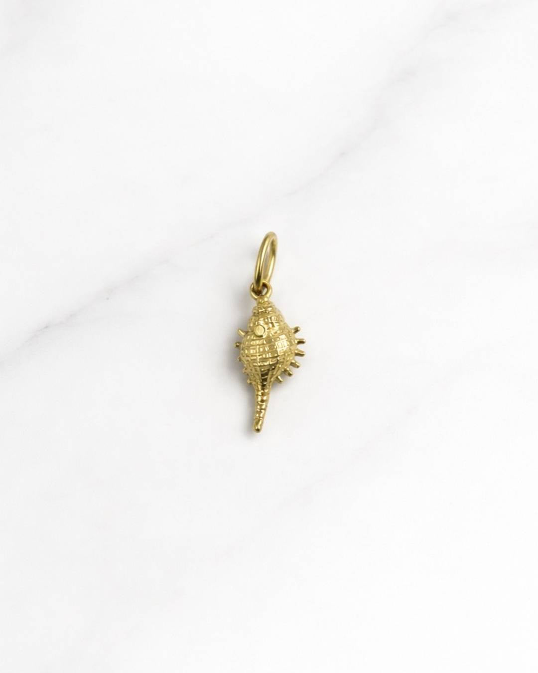 Goldener Bali Charm in Muschel-Design, kleiner Anhänger aus Edelstahl mit 18K Vergoldung auf hellem Hintergrund.