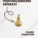 Capri Charm – personalisierbarer Muschel-Charm in Gold, minimalistische Grafik.