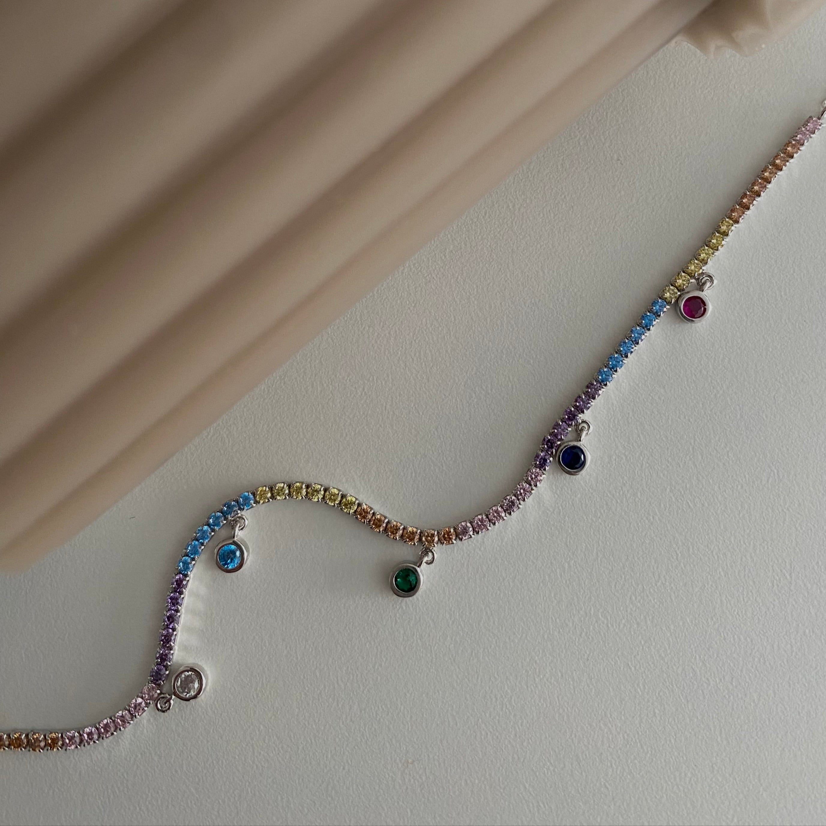 Colorful Tennis Halskette aus 925 Sterling Silber, rhodiniert, mit bunten Zirkonia-Steinen, hochwertiger Schmuck