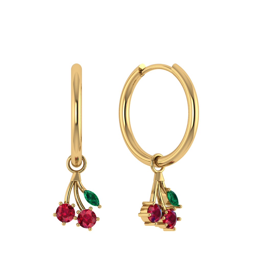 Runde Creole mit Kirschen-Anhänger, grünes Blatt, rote Zirkonia.