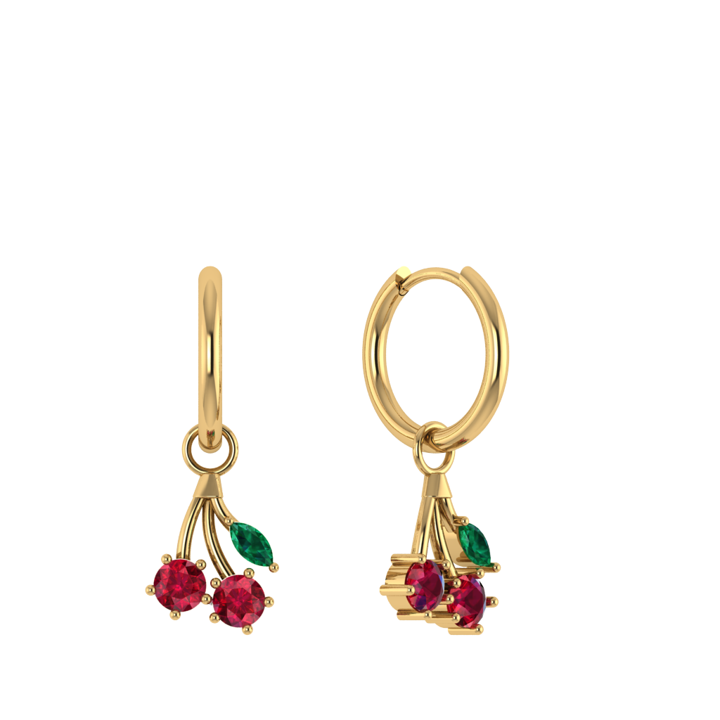 Runde Creole mit Kirschen-Anhänger, grünes Blatt, rote Zirkonia.