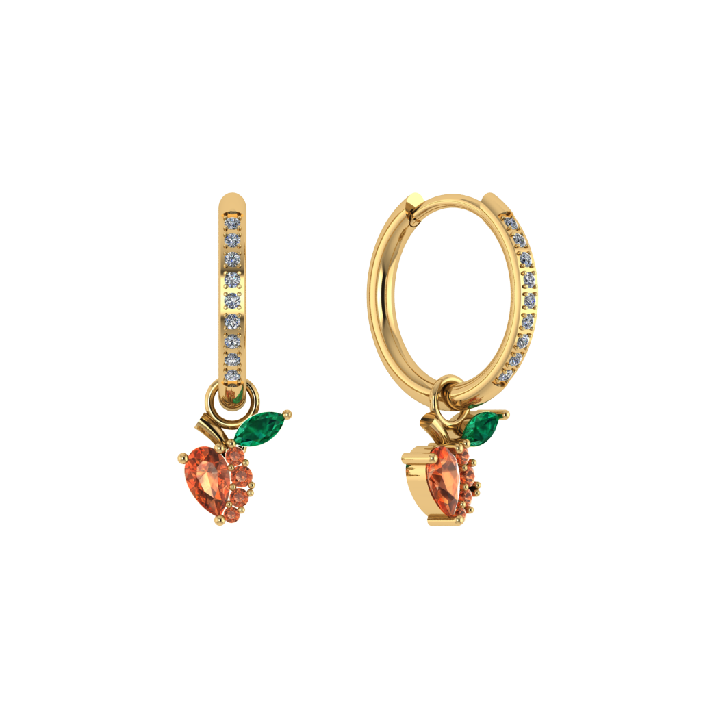 Pavé-Creole mit Pfirsich-Charm, vergoldet, detailreich funkelnd.