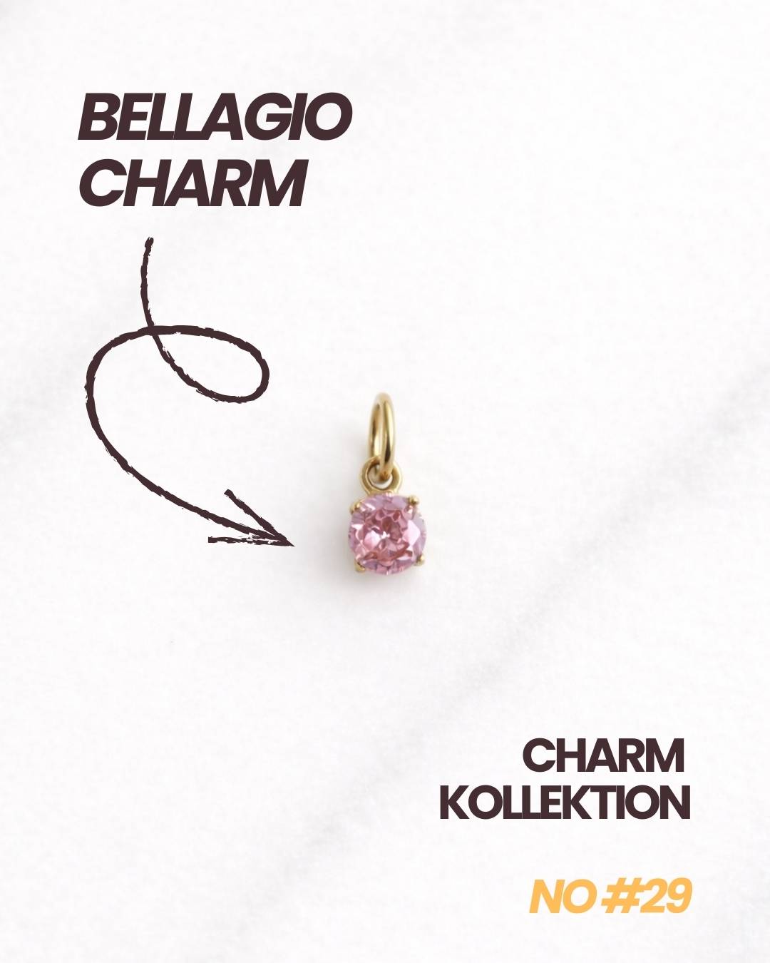 Bellagio CHARM No 29, zarter goldener Anhänger mit rosa Stein aus der Dkeniz Charm Kollektion.