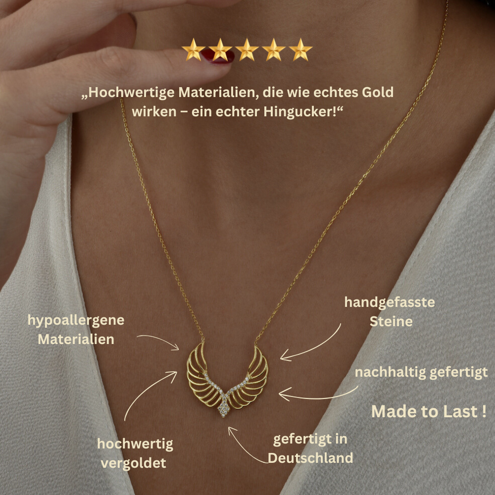 Angel Wings Halskette Gold – Benefit-Motiv: wasserfest, nickelfrei, hautfreundlich, Zirkonia Details.