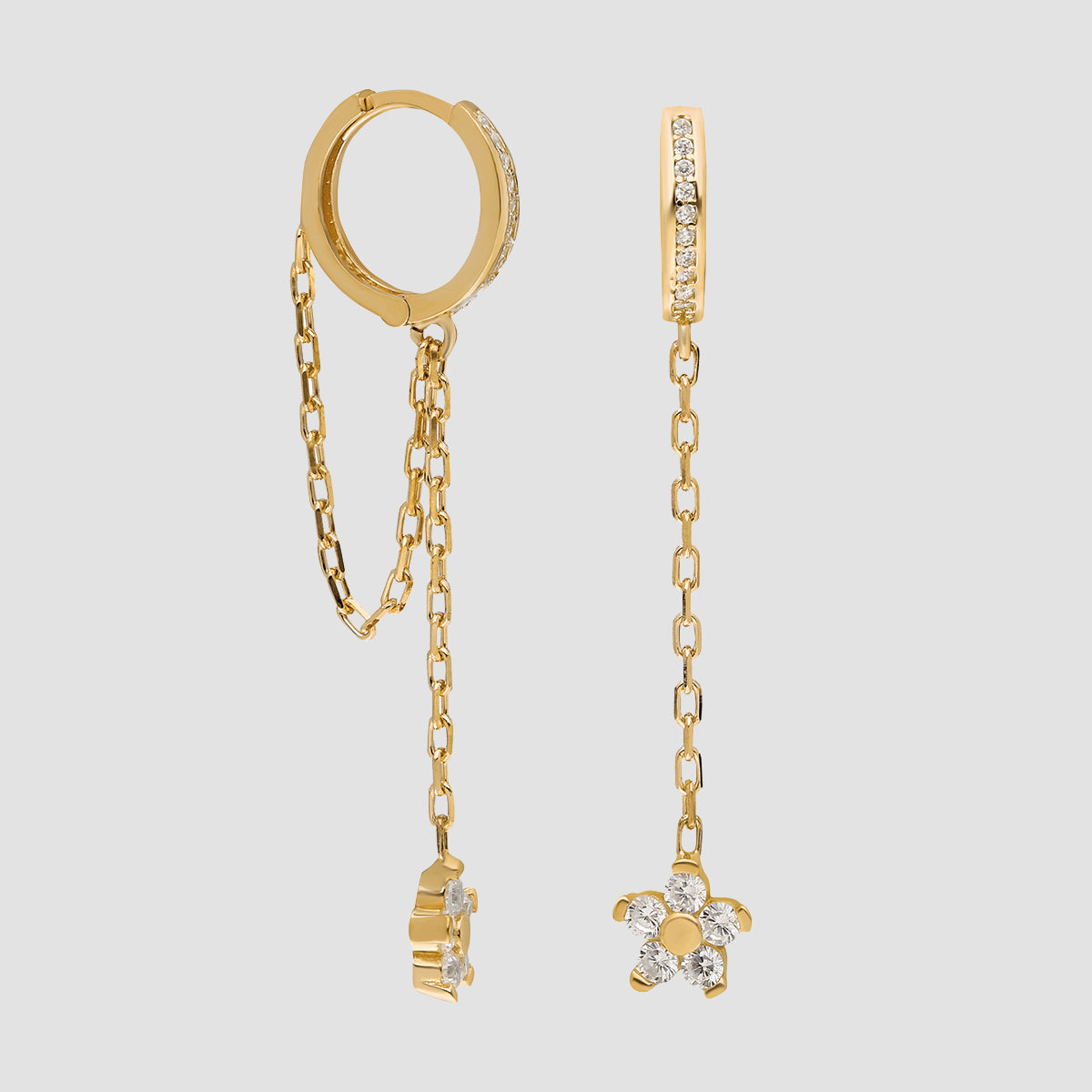 Hängecreolen Flower Gold, vergoldete Sterling Silber Creolen mit Zirkonia, getragen am Ohr, eleganter Schmuck