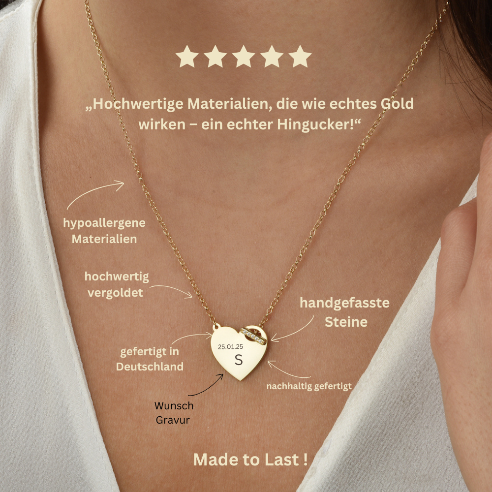 Goldene Herz Gravur Halskette am Hals – wasserfest, allergienfreundlich, mit Shiny Closure und Zirkonia.
