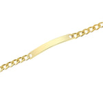 Nahaufnahme eines goldenen ID Armbands mit schlichter Gravurplatte und Gliederkette.