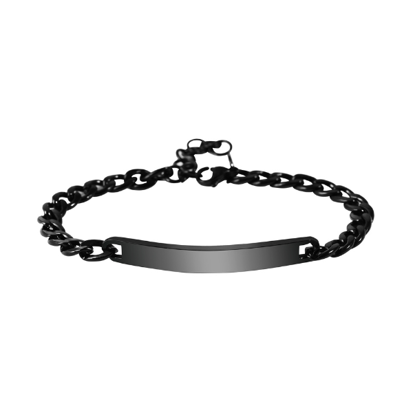 Schwarzes ID Armband aus Edelstahl mit mittelbreiter Gravurplatte, unisex und elegant am Handgelenk.