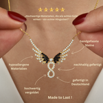 Detailbild Infinity Angel Wings Halskette Gold mit Beschriftung zu Materialien und Vorteilen.