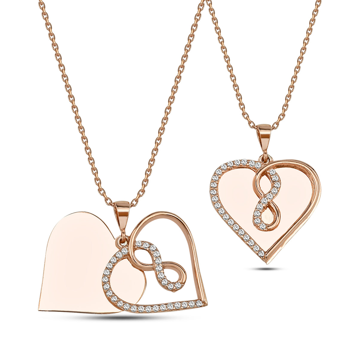 Infinity Love Kette Rosé vergoldet, zwei Herzanhänger mit Zirkonia, Symbol für Liebe und Verbundenheit