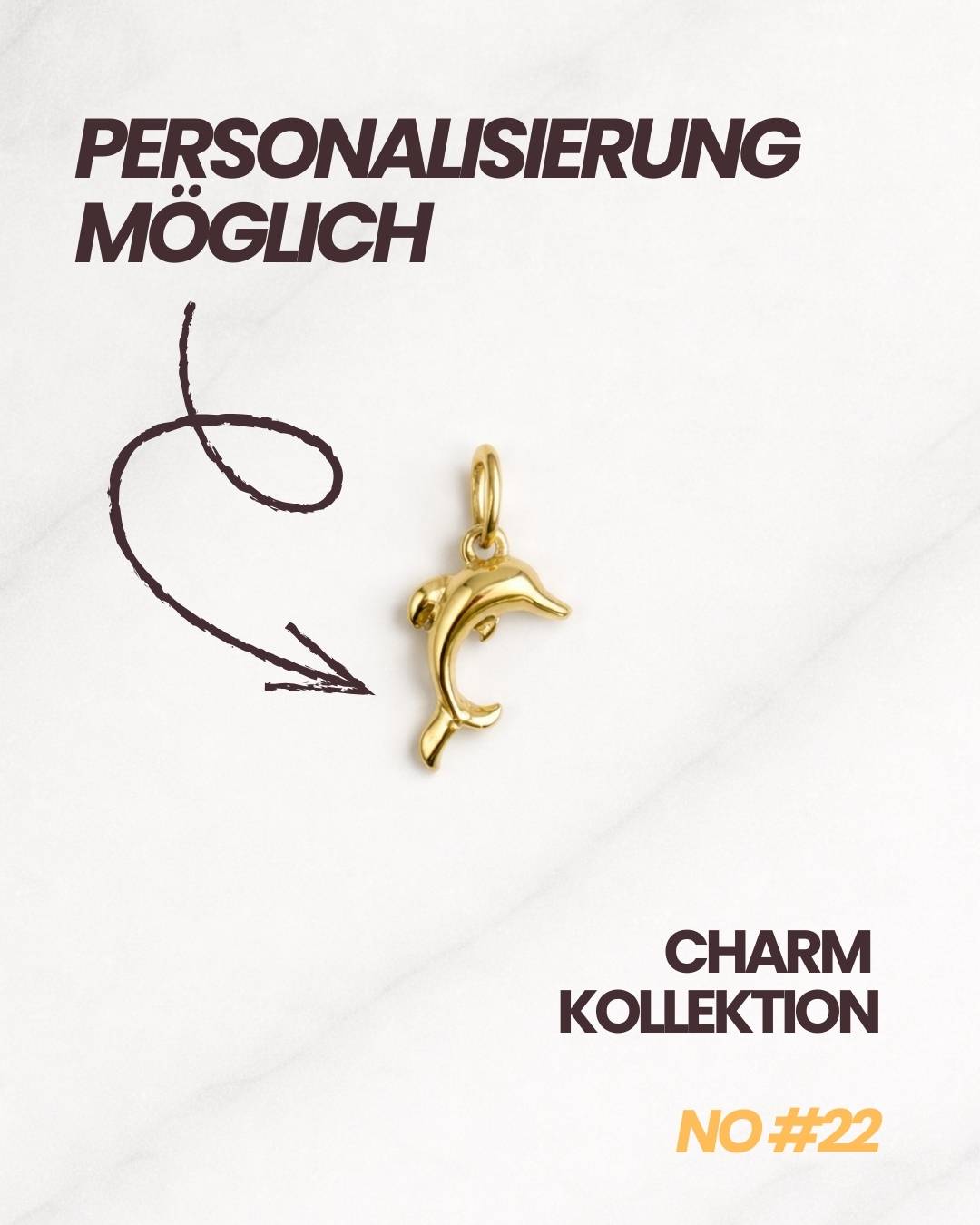 Laguna Charm Gold mit Hinweis auf Personalisierung, Delfin-Anhänger passend für Armband oder Kette.