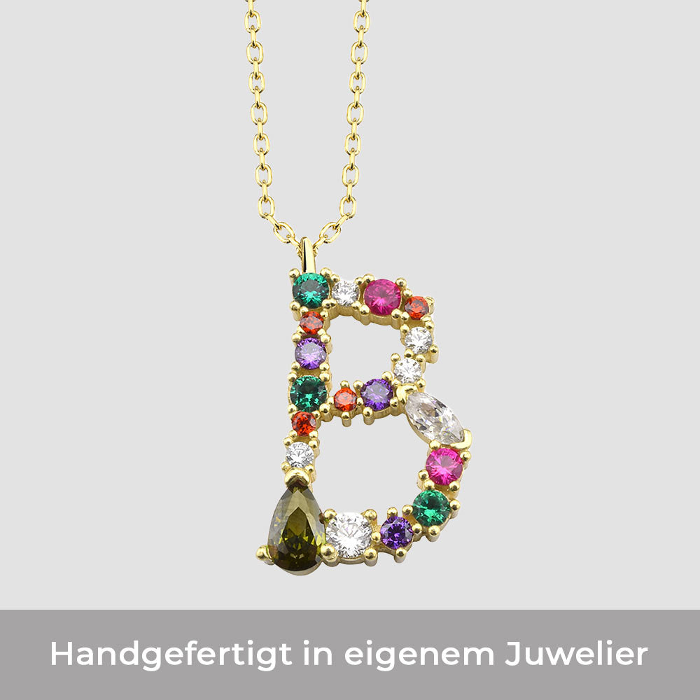 Fancy Crystals Mix Letter B Anhänger Gold mit buntem Zirkonia Mix, Buchstaben Halskette aus 925 Silber.