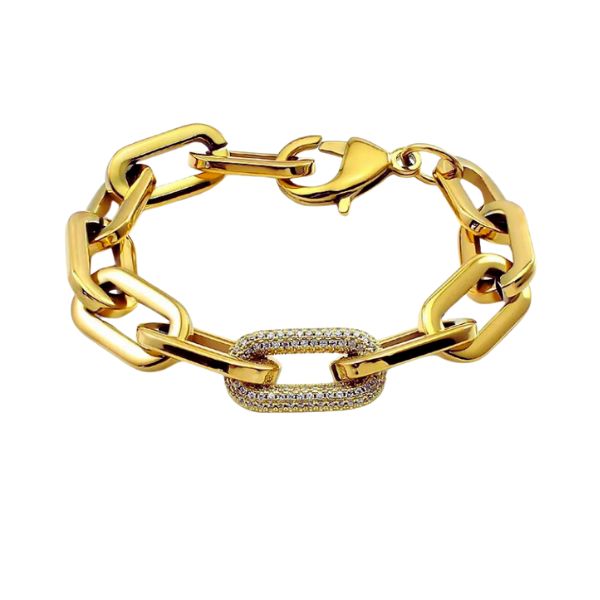 Goldenes Link Bracelet Armband mit funkelndem Zirkonia-Glied für Damen vor weißem Hintergrund.