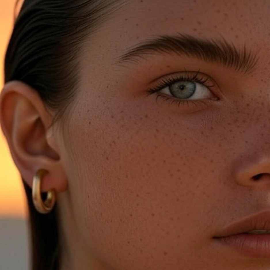 Nahaufnahme einer jungen Frau mit hell gebräunter Haut, blauen Augen und goldenen Creolen vor orangefarbenem Sonnenuntergang. Minimalistisches Styling, natürliches Licht, ideal als Inspiration für hochwertige Geschenkideen im Bereich Damenschmuck von DKENIZ.
