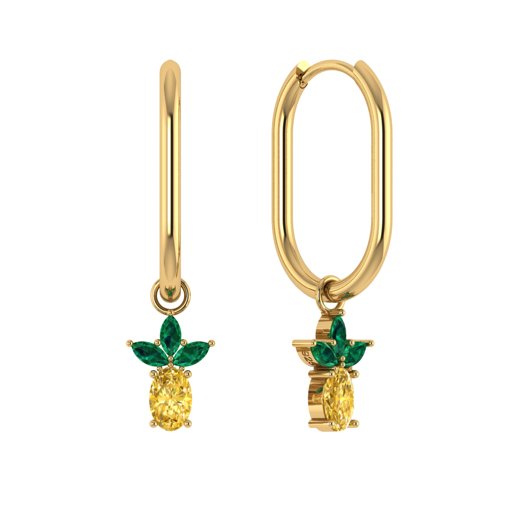 Ovale Creole mit Ananas-Charm, 925 Silber 14K vergoldet, grün-gelbe Zirkonia.