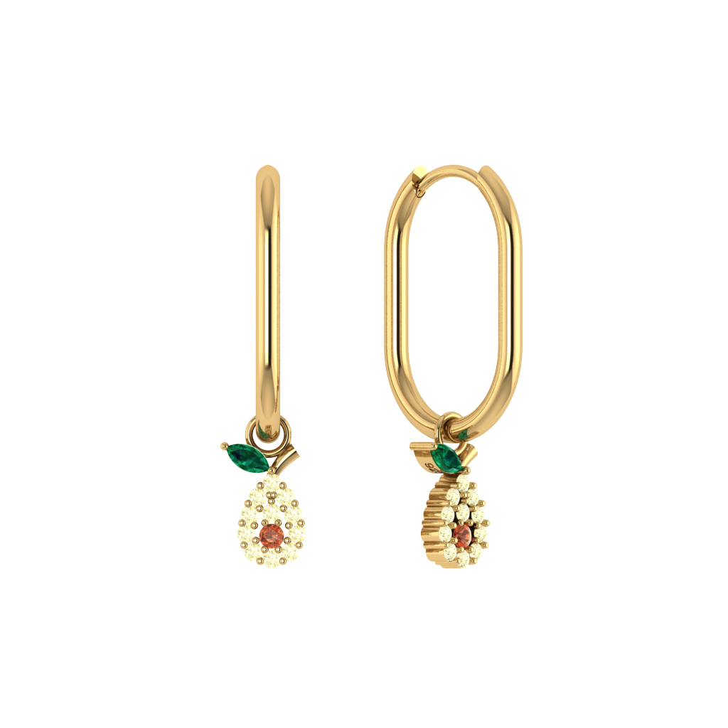 Ovale Creole mit Avocado-Charm, 925 Silber 14K vergoldet, grün-weiß-orangene Zirkonia.