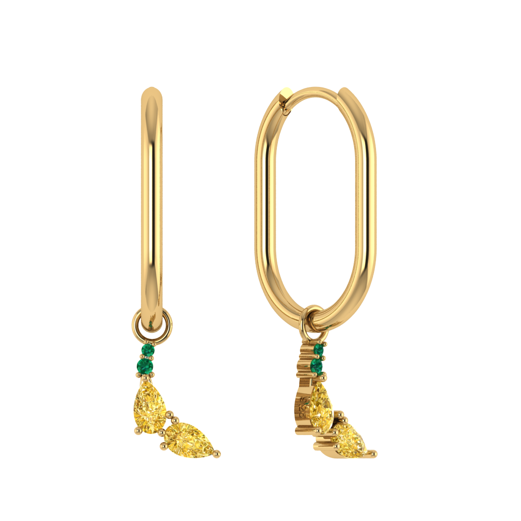 Ovale Creole mit Bananen-Charm, 925 Silber 14K vergoldet, grün-gelbe Zirkonia.