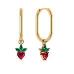 Ovale Creole mit Erdbeeren-Charm, roter Zirkonia, grünes Blätter, vergoldet.