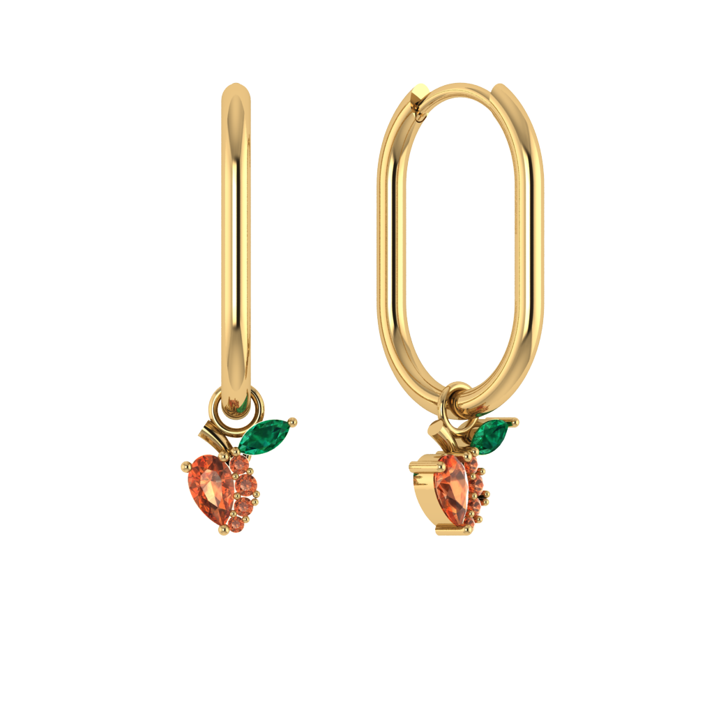 Ovale Creole mit Pfirsich-Charm, orangene Zirkonia, grünes Blatt, vergoldet.