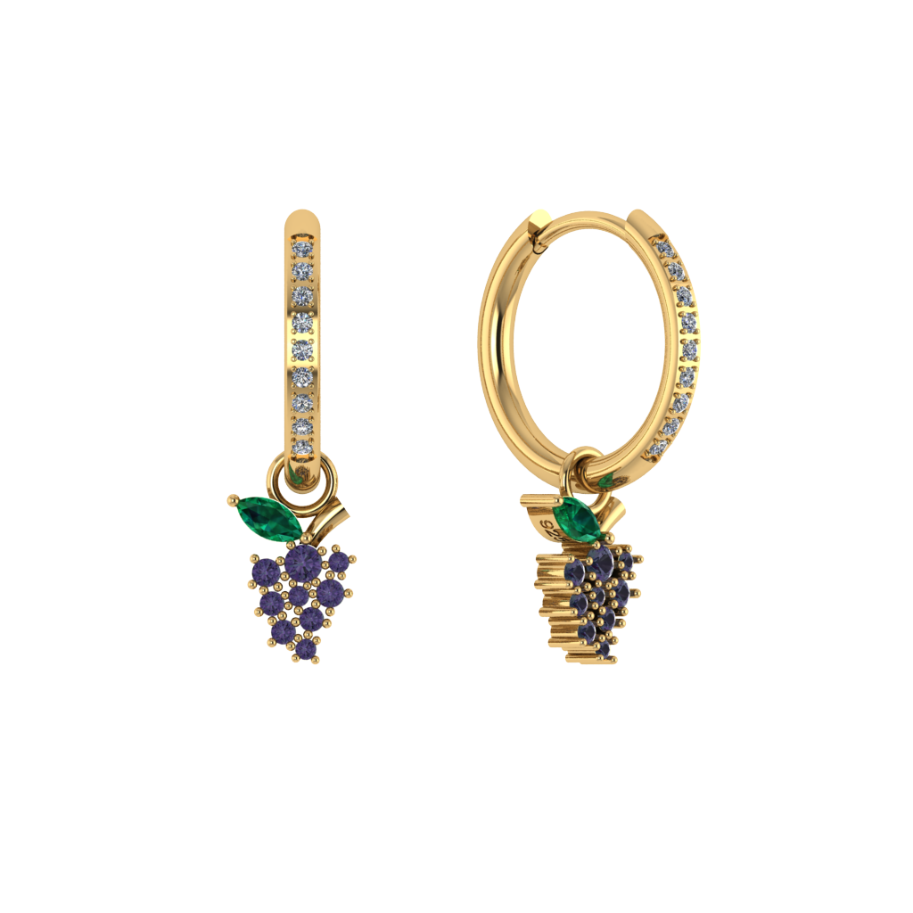 Runde Pavé-Creole mit Weintrauben-Charm, vergoldet, detailreich funkelnd.