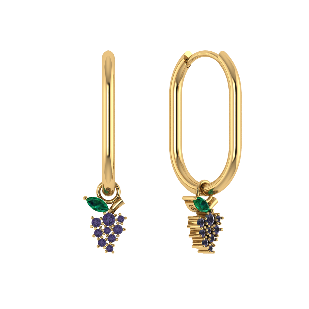 Ovale Creole mit Weintrauben-Charm, 925 Silber 14K vergoldet, grün-violette Zirkonia.