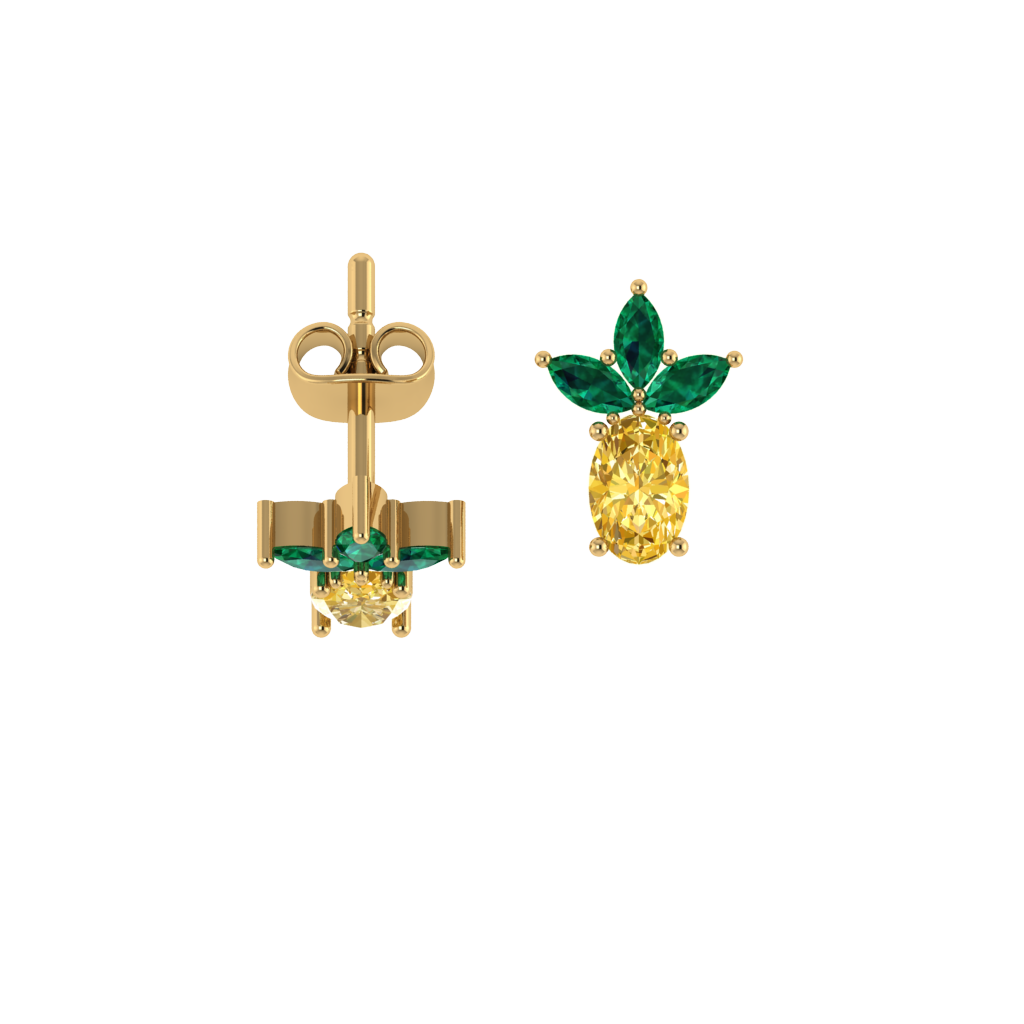 Ananas-Ohrstecker Produktansicht, gelber Stein und grünes Blatt, 14K vergoldete Fassung.