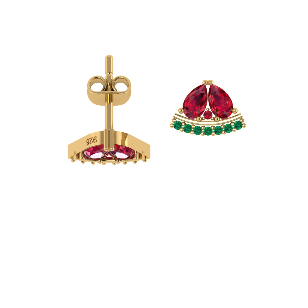 Wassermelone-Ohrstecker Produktansicht, 925 Silber vergoldet, rosa und grüne Steine.