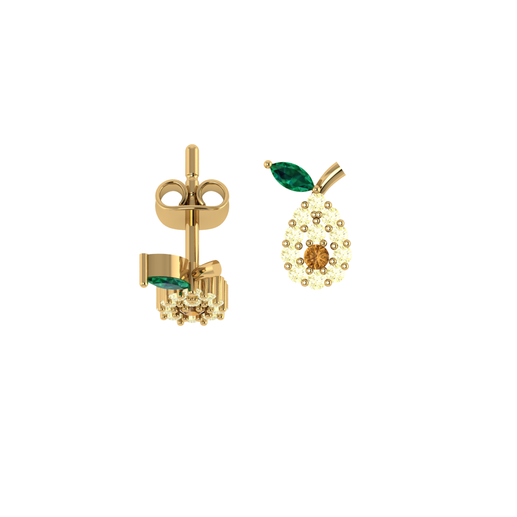 Avocado-Ohrstecker Produktansicht, weiße und orangene Steine und grünes Blatt, filigranes Design.