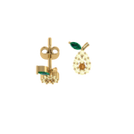 Avocado-Ohrstecker Produktansicht, weiße und orangene Steine und grünes Blatt, filigranes Design.