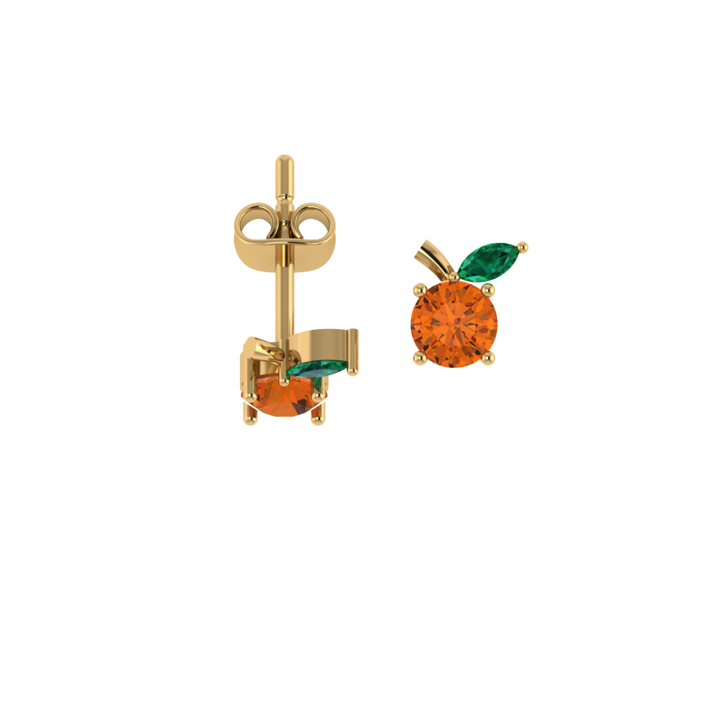 Orange-Ohrstecker Produktansicht, runder Stein und grünes Blatt, 14K vergoldete Fassung.