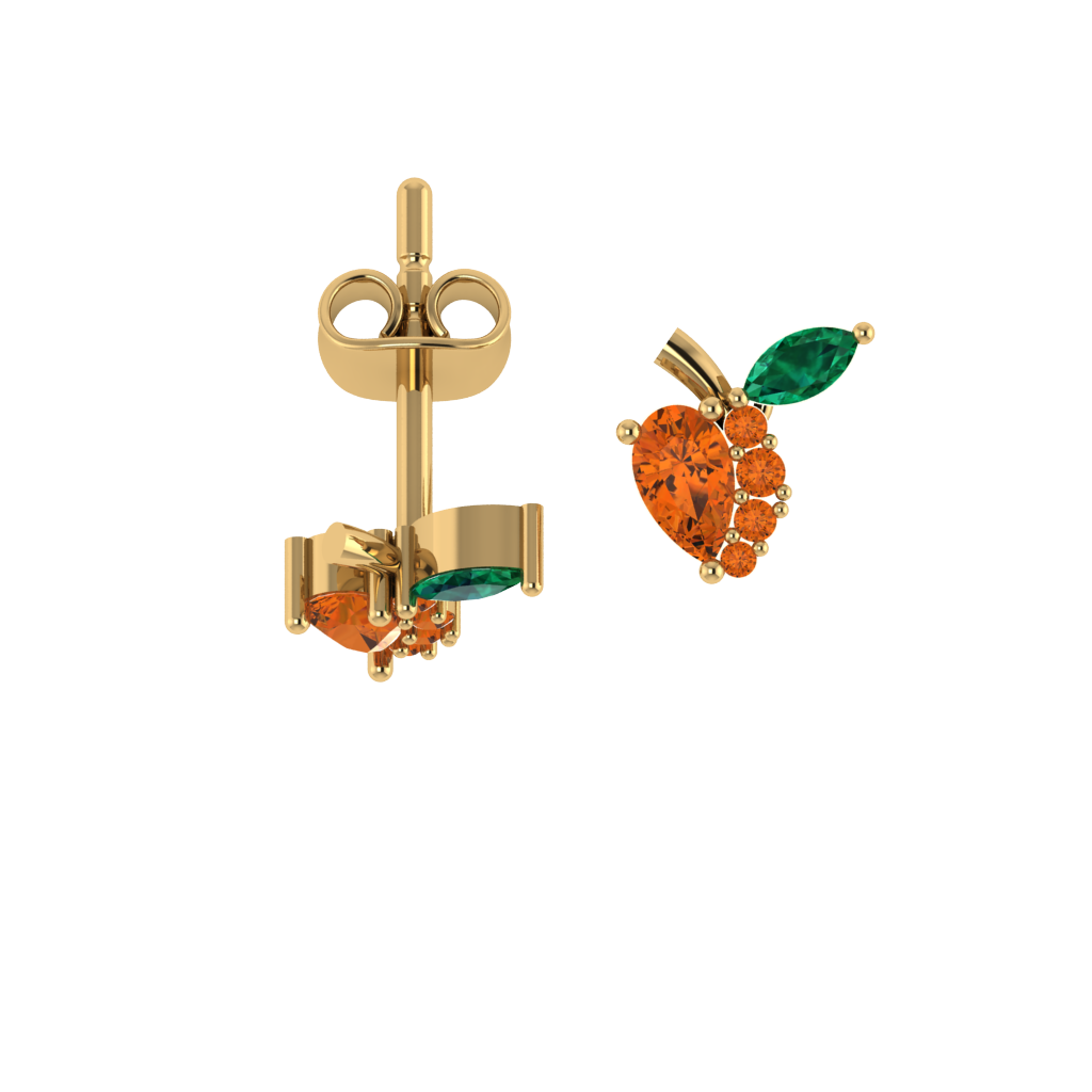 Pfirsich-Ohrstecker am Ohr, orangene Steie und grünes Blatt, filigranes Design.