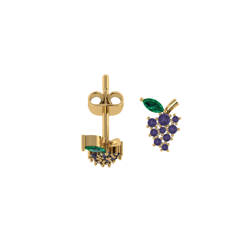 Weintraube-Ohrstecker Produktansicht, 925 Silber vergoldet, violett und grüne Steine.