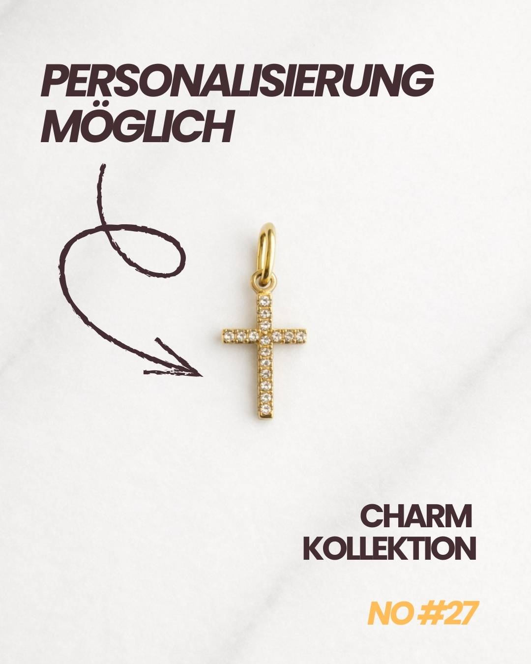 Ravenna CHARM Kreuzanhänger in Gold mit Hinweis „Personalisierung möglich“.