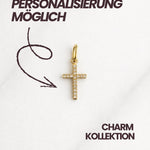 Ravenna CHARM Kreuzanhänger in Gold mit Hinweis „Personalisierung möglich“.