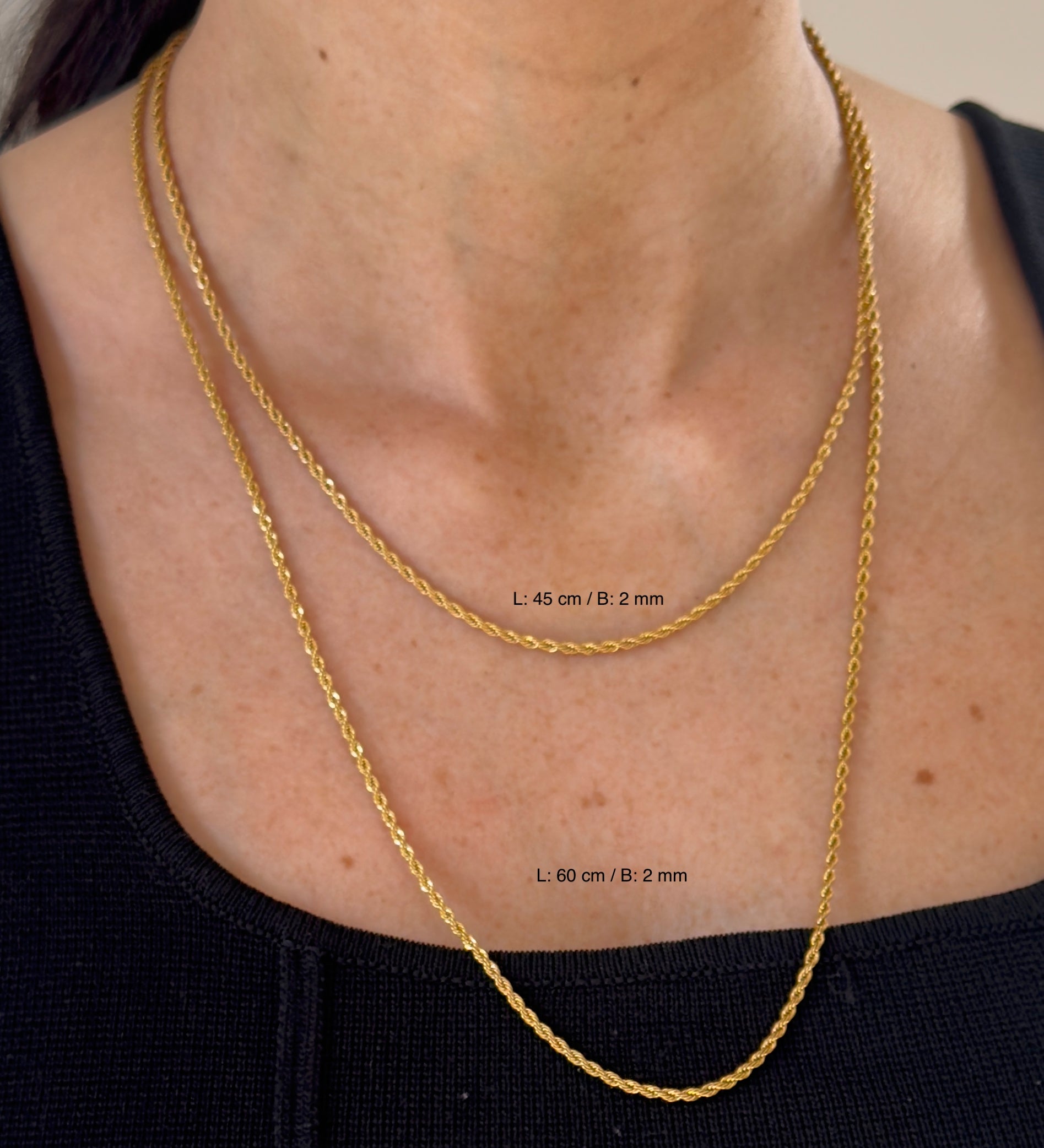 Zwei goldene Rope Chains in 45 cm & 60 cm, 2 mm Breite, zartes Layering.