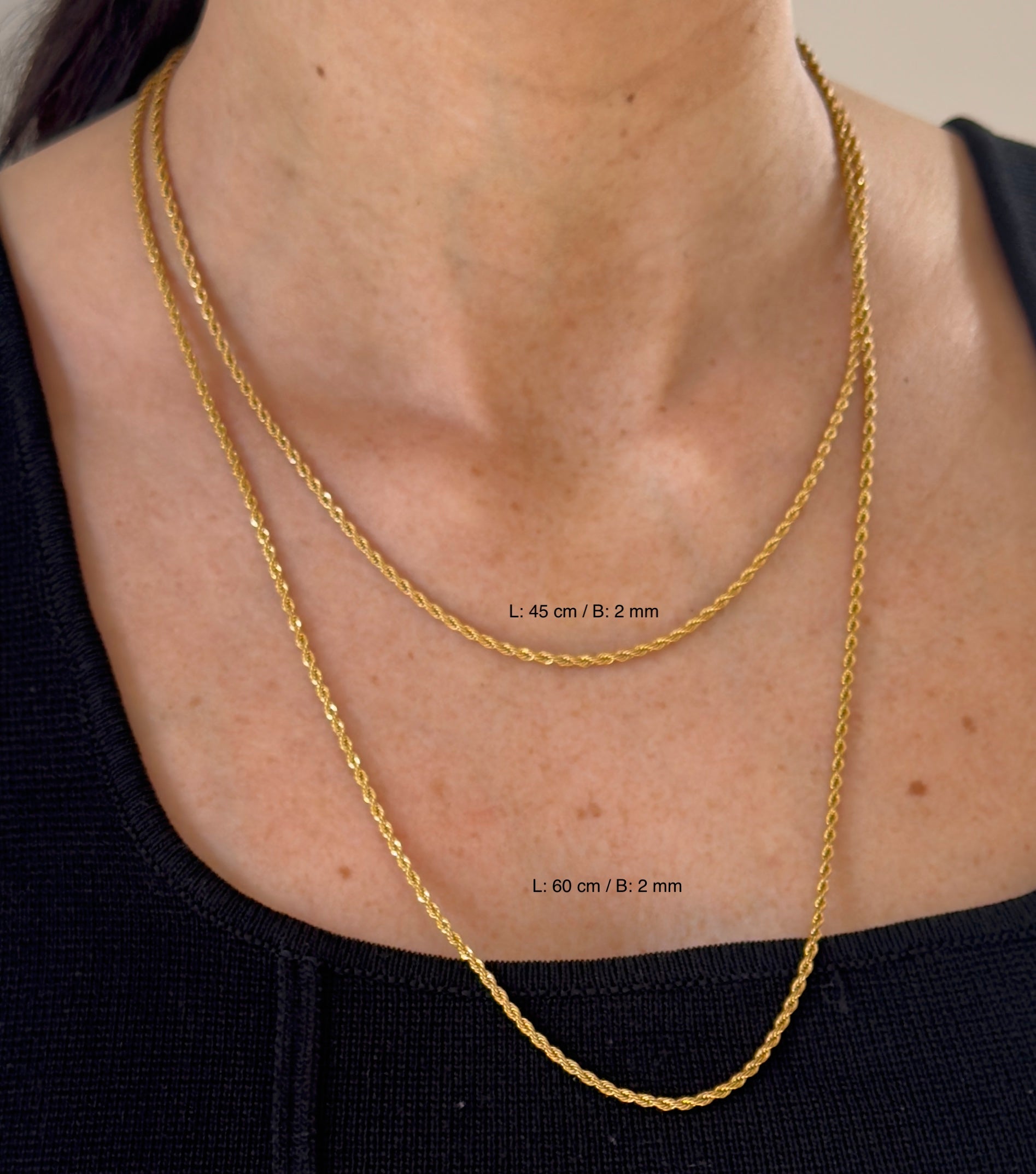 Zwei goldene Rope Chains in 45 cm & 60 cm, 2 mm Breite, zartes Layering.