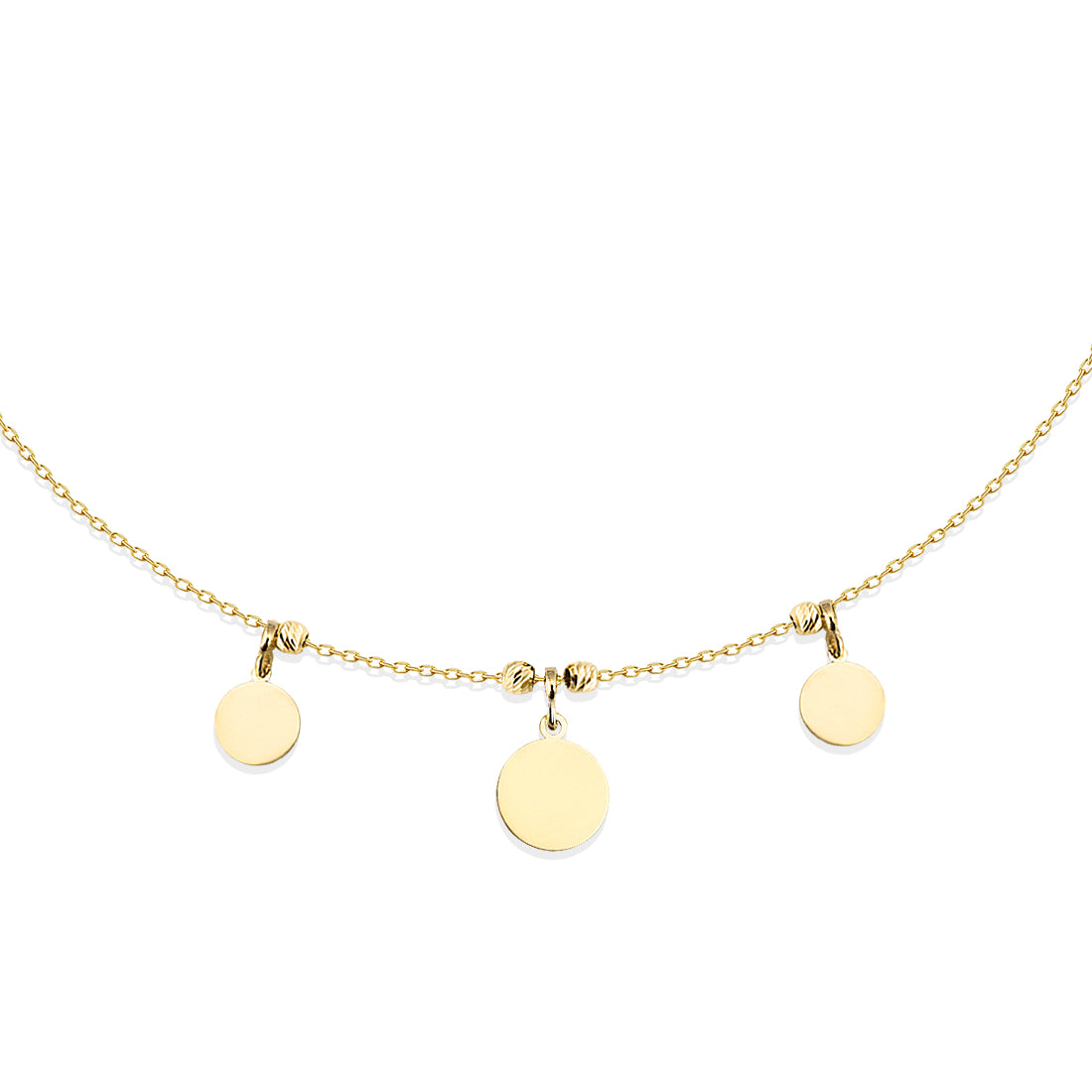 Runde Plättchen Kette Gold mit 3 Coins – zarte Halskette vergoldet auf weißem Hintergrund.