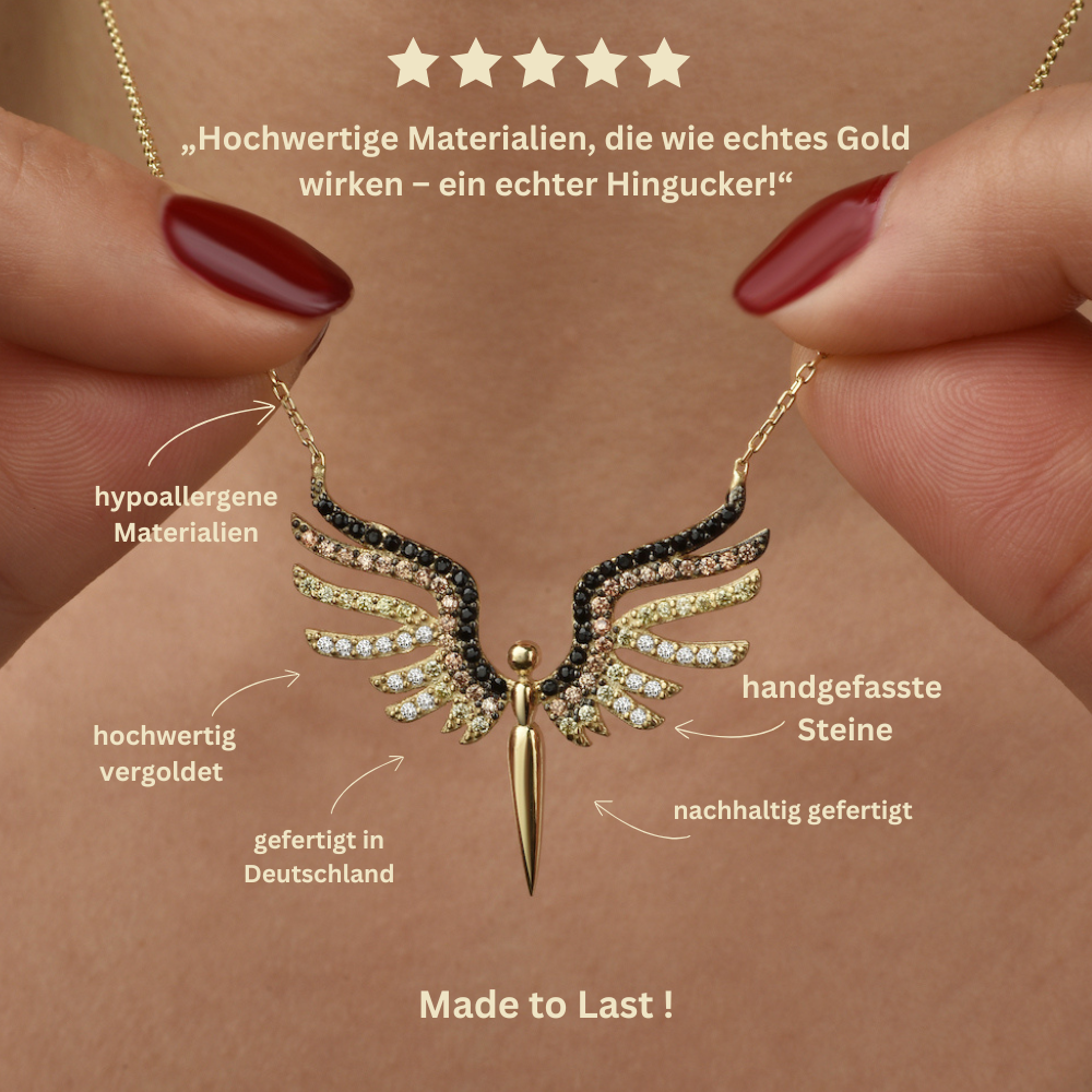Nahaufnahme Schutzengel Kette Gold mit Text-Overlay zu hypoallergen, wasserfest und handgefassten Steinen.