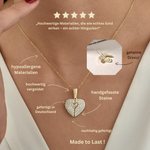 Produktbeschreibung: Goldene Secret Heart Kette am Hals – wasserfest, nickelfrei, mit handgefassten Zirkonia-Steinen.