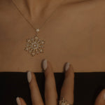 Detailaufnahme Snowflake Ice Halskette Gold am Dekolleté – Zirkonia-Mix im Schneeflocken-Design.