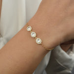 Nahaufnahme: Solitaire Kranz Oval Armband Gold am Handgelenk, drei ovale Zirkonia-Elemente in Reihe.