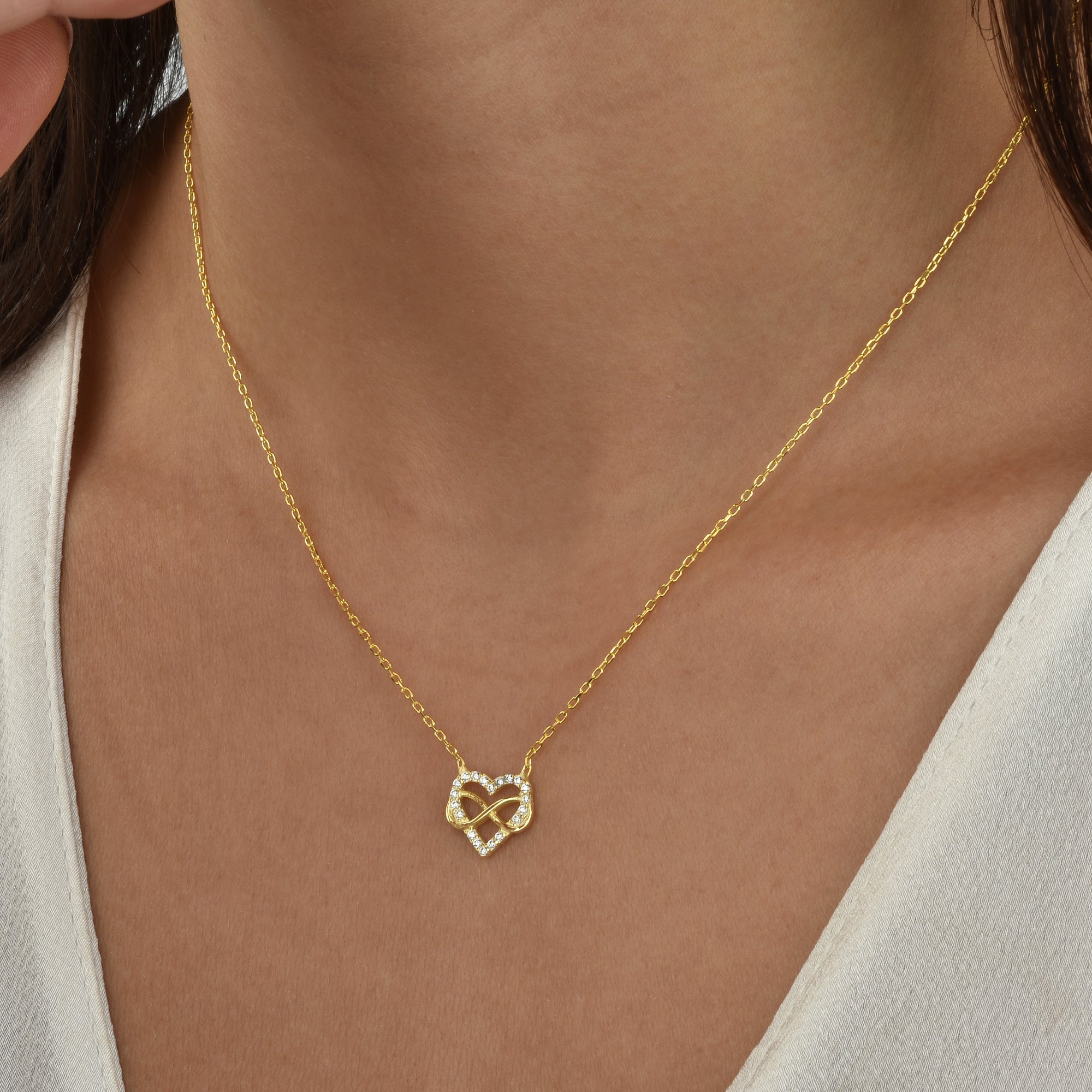 Unendlichkeit & Herz Kette in Gold, vergoldetes Sterling Silber mit Zirkonia, eleganter Damenschmuck