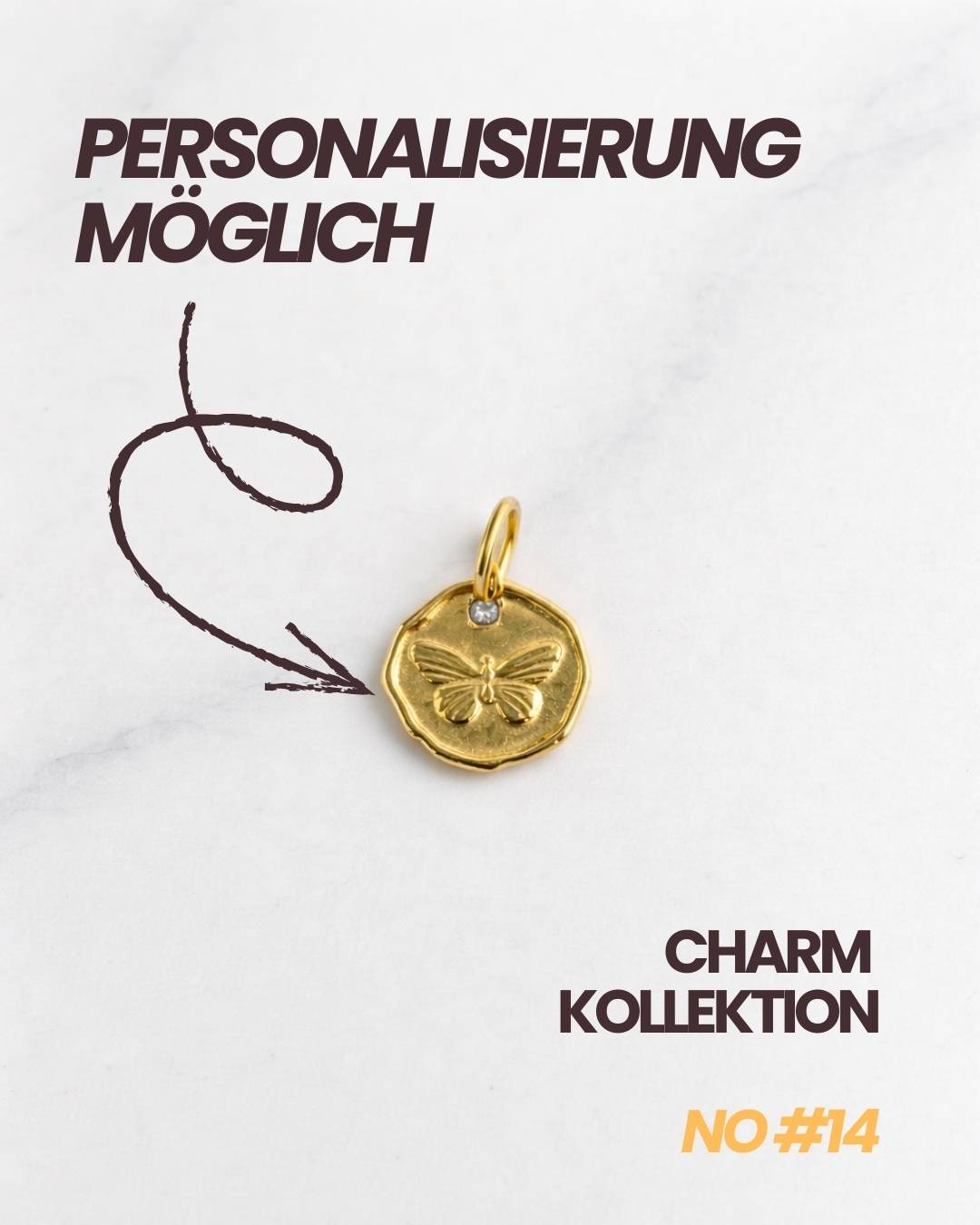 Vienna Charm Gold: personalisierbar, Schmetterling-Coin mit feinem Stein, minimalistisches Design.