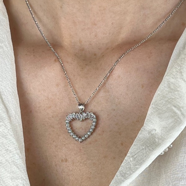Heart Pearl X Baguette Halskette - Silber