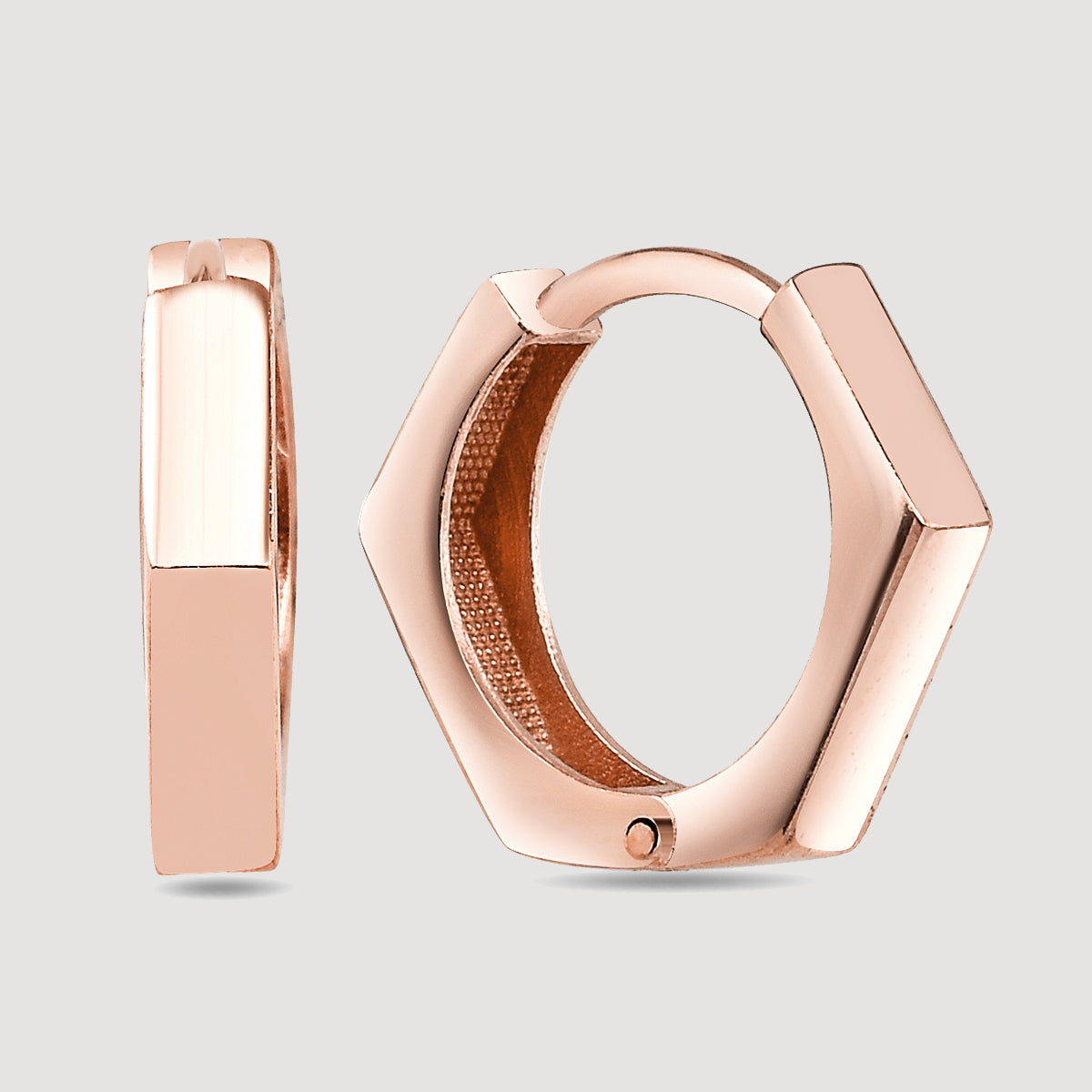 Angular Classy Creolen in Rosé – kantige Klappcreolen aus 925 Sterling Silber, Produktfoto.