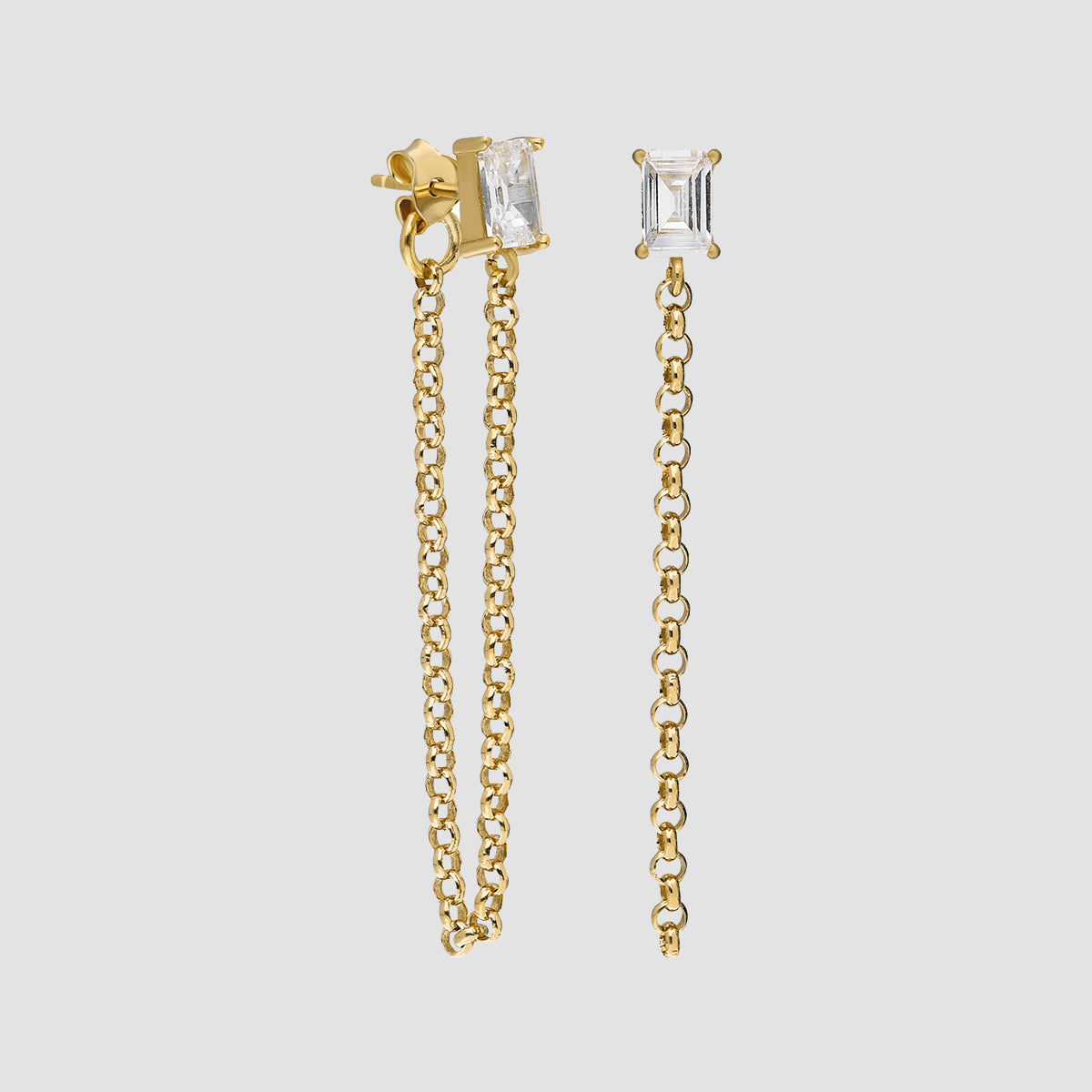 Baguette Chain Ohrstecker Gold mit weißem Zirkonia und Kette – Paar Produktfoto.
